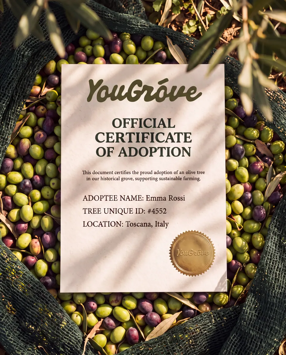 A printed YouGróve certificate of adoption resting on freshly picked olives, filled in with an adopter's name, the tree's unique id and the estate it stands on