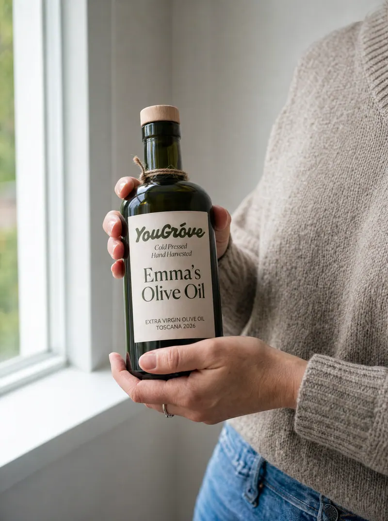 A woman at a sunlit window holding her personalized YouGróve bottle