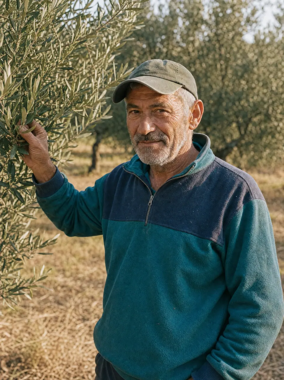 Ettore Martelli, second-generation olive farmer, smiling among his olive trees