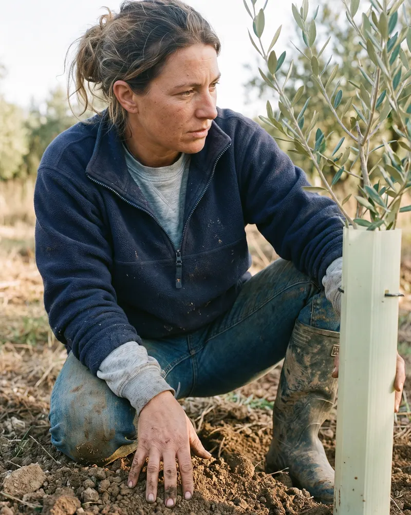 A grower kneeling beside a newly planted olive tree