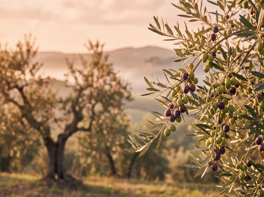 An olive branch heavy with fruit, an ancient tree and the hills beyond