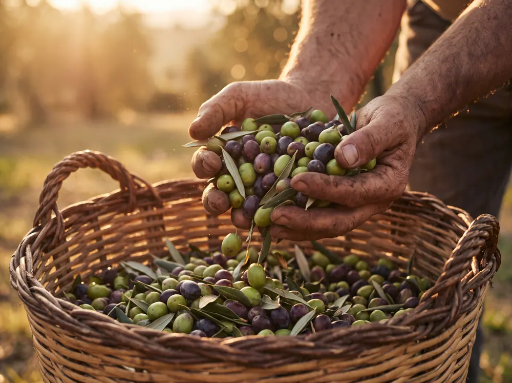 Hands lifting freshly picked olives into a woven basket during the harvest