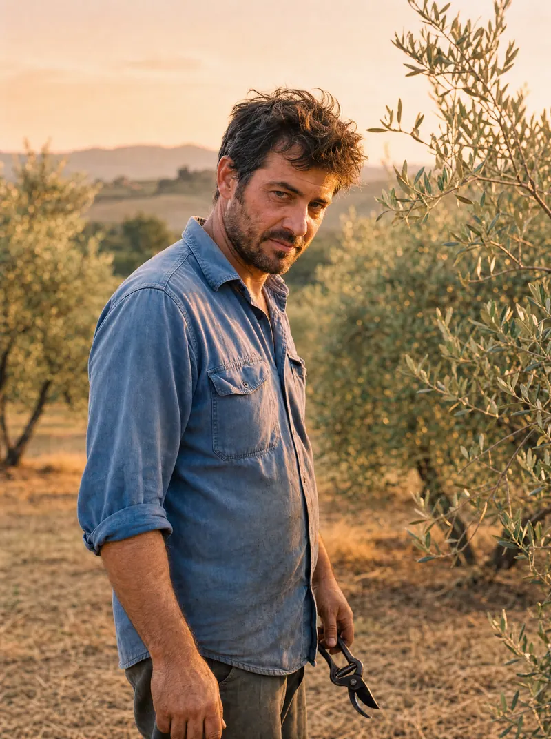 Luca Martelli in the grove at dusk, pruning shears in hand