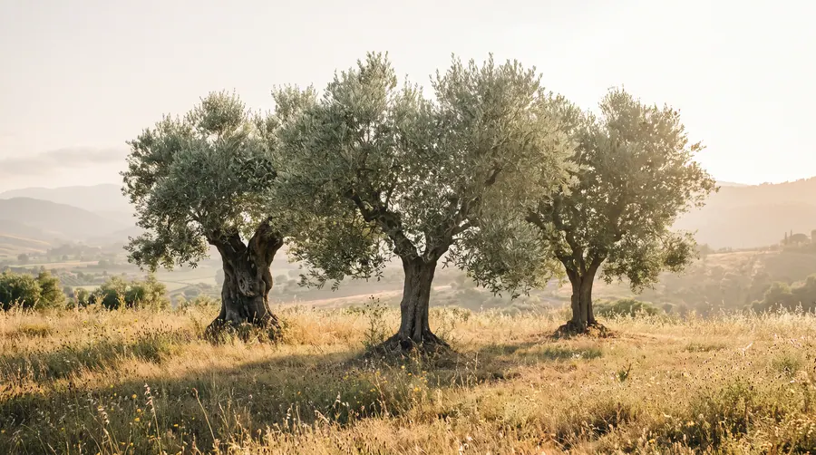 Three mature olive trees together above a Tuscan valley