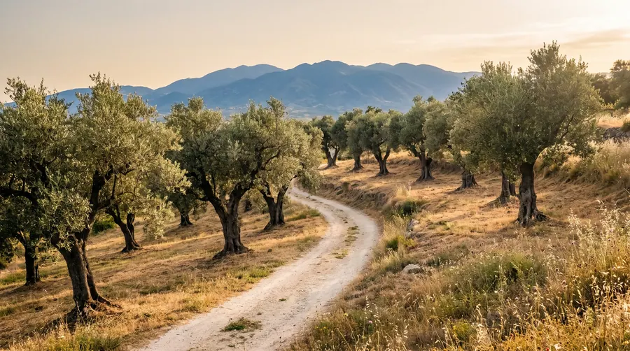 An orchard of olive trees in rows across a terraced hillside